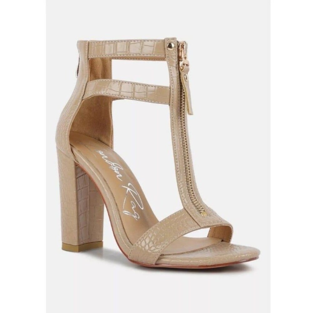 London Rag Felicity Zip Up High Heel Block Sandals Nude 6 fits 7